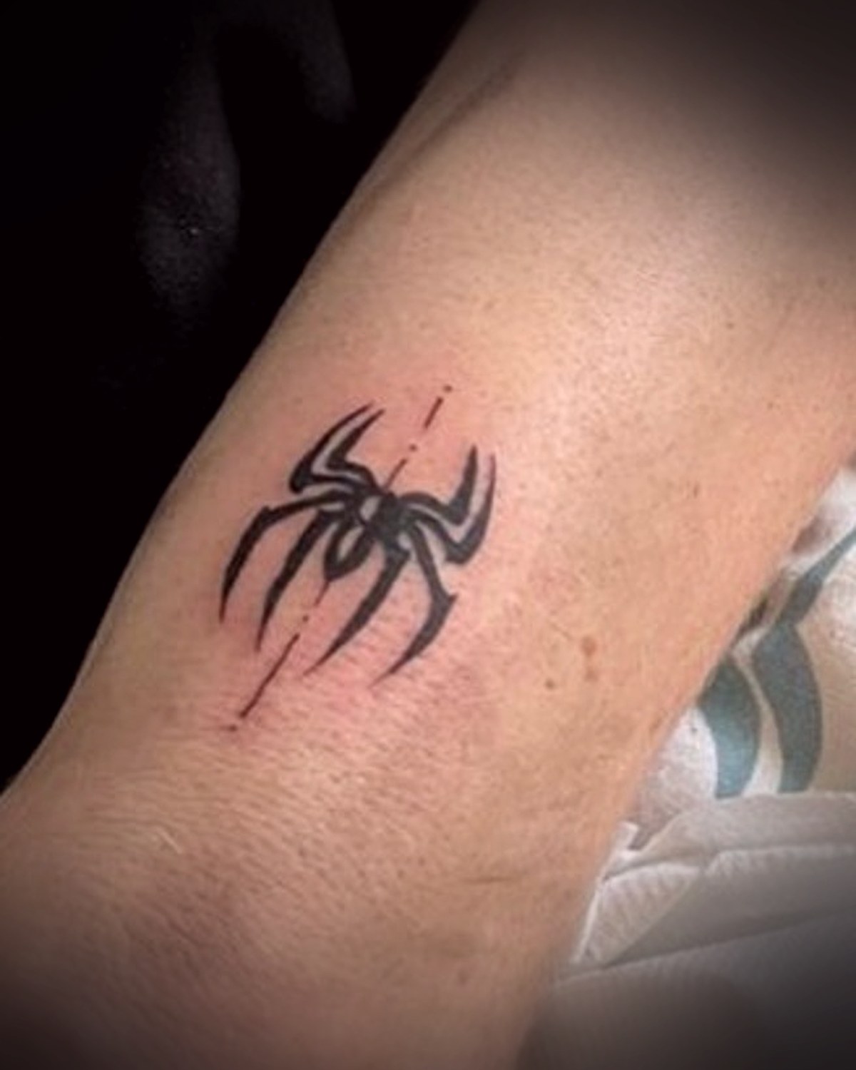 Araña en blackwork con trazos rojos en el antebrazo