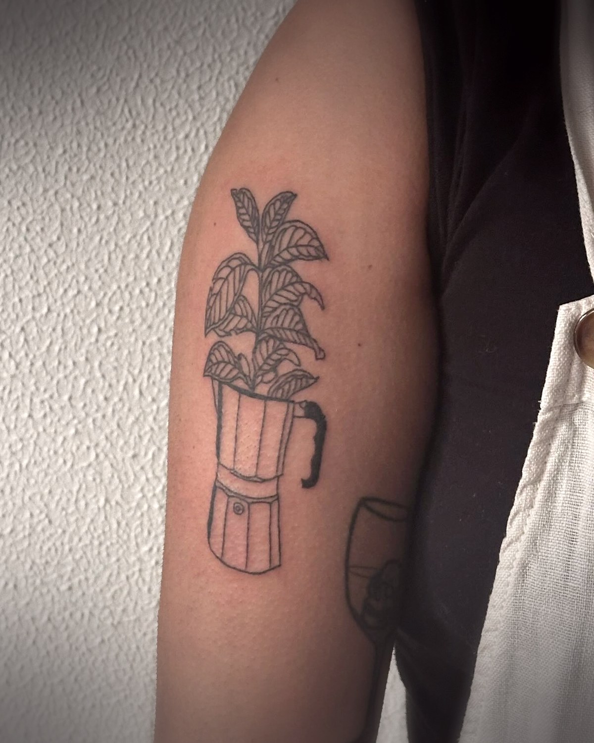Cafetera italiana con planta en línea fina en el brazo